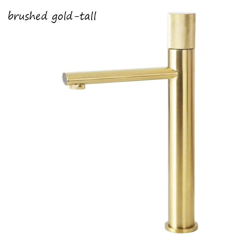brushed gold-Tall Накатывающаяся ручка, кран для раковины ванной комнаты, Твердый латунный кран для раковины, смеситель для холодной и горячей воды, смеситель на бортике, черный/матовый золотой/серый - Color: brushed gold-Tall