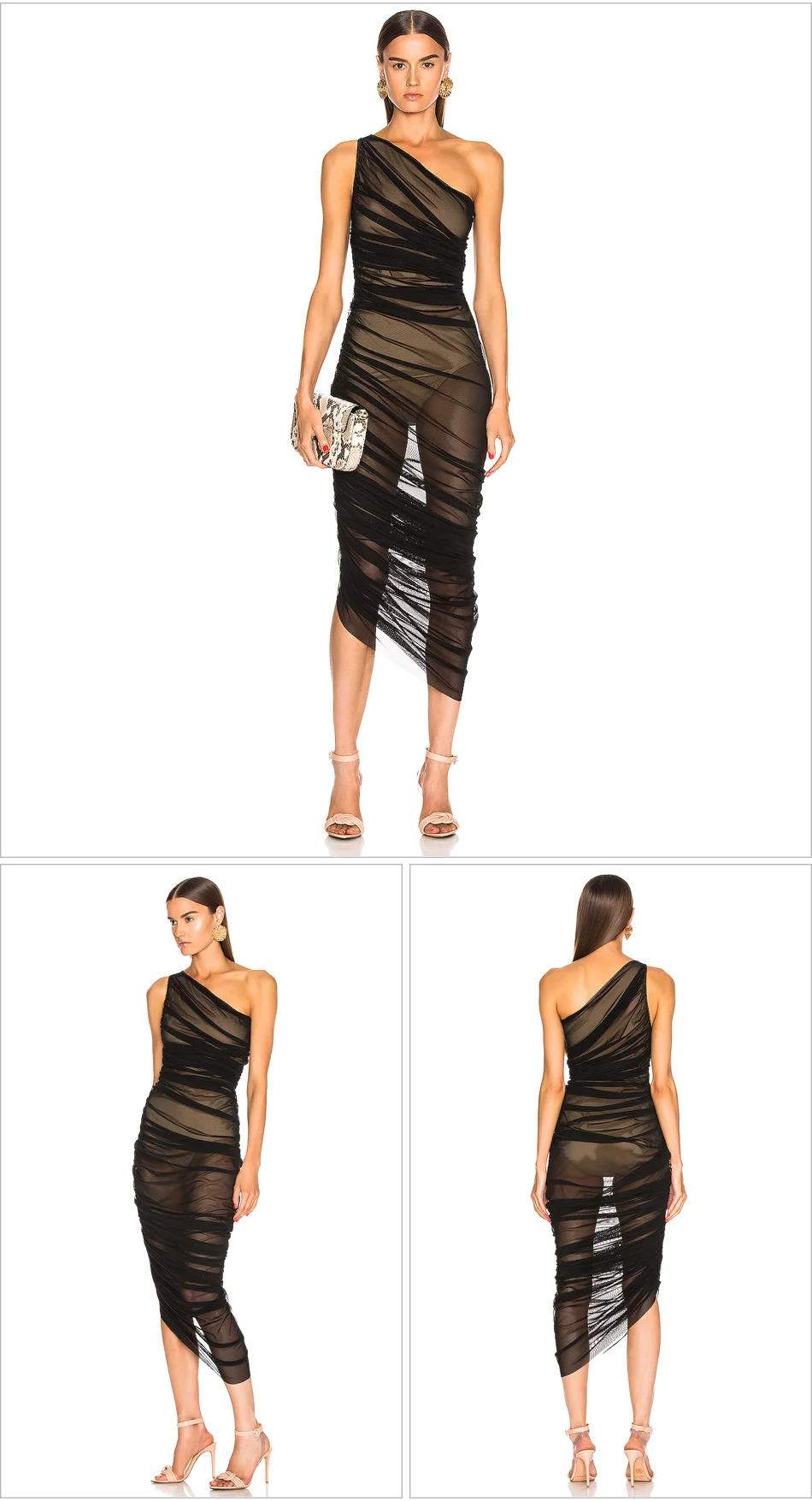 Sexy Summer Mesh Ruched Bodycon Dress Women One Shoulder Bandage Bodysuit Lined Black See Through Transparent Club Midi Dress