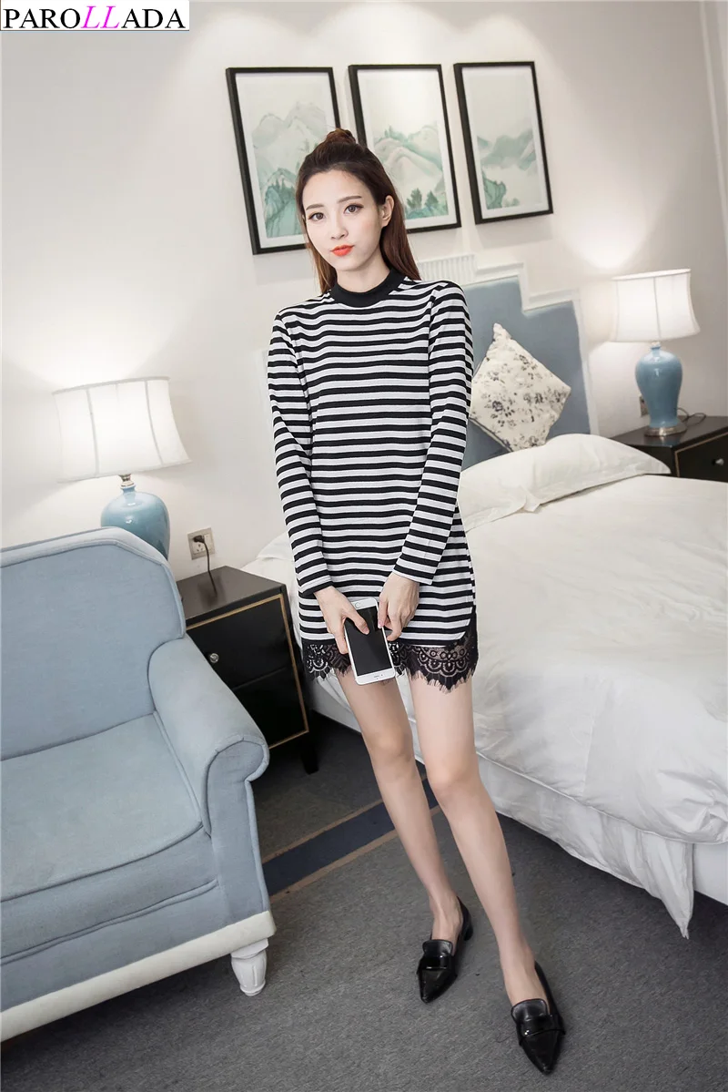 Parollada корейский платье-рубашка с длинными рукавами черного и белого цвета платье