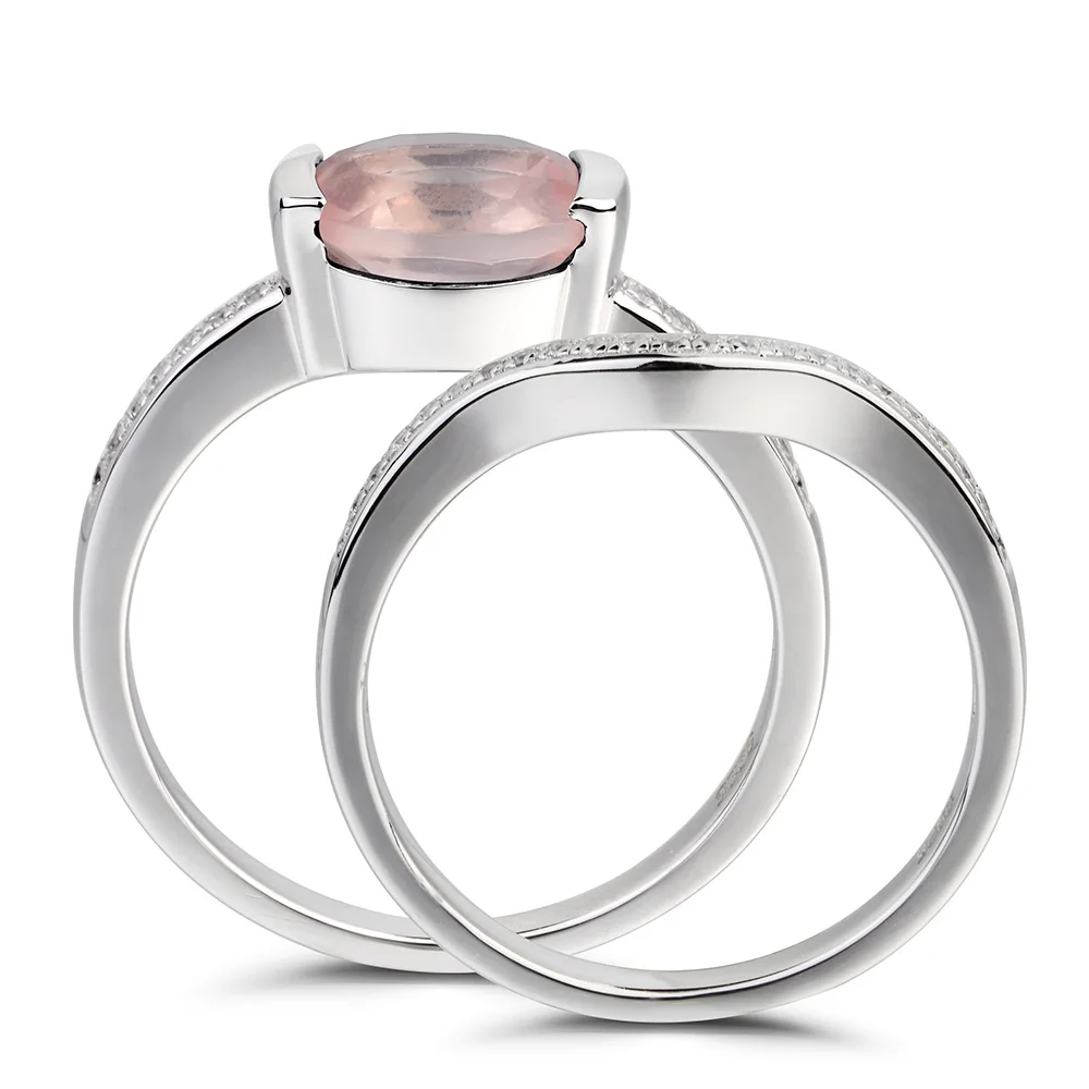 

Leige Jewelry Proposal Ring Natural Pink Quartz Ring Oval Cut Pink Gemstone Real 925 Sterling Silver Bridal Sets for Women