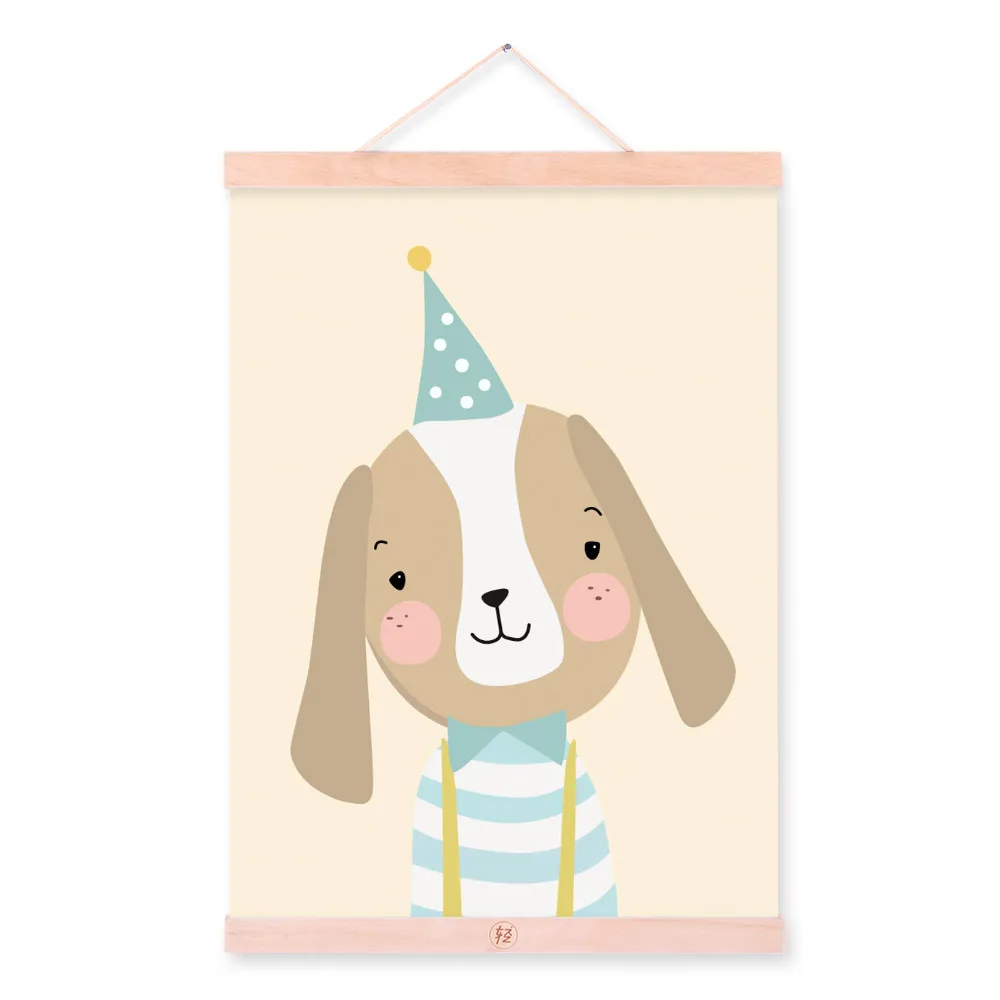 Kawaii, Мультяшные животные, олень, медведь, собака, деревянная рамка, холст, живопись, скандинавские, для детской комнаты, настенные художественные плакаты, домашний декор, картина, Свиток