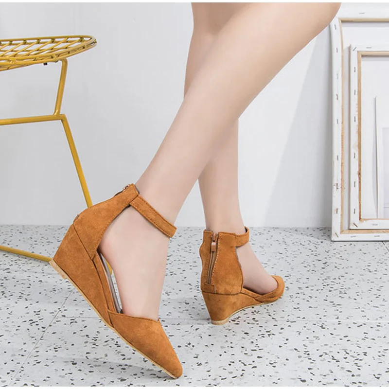 Women Wedge Ankle Strap Pumps Zipper Suede Leopard Pointed Toe Shallow Ladies Shoes Summer Plus Size Casual Sandals New Female