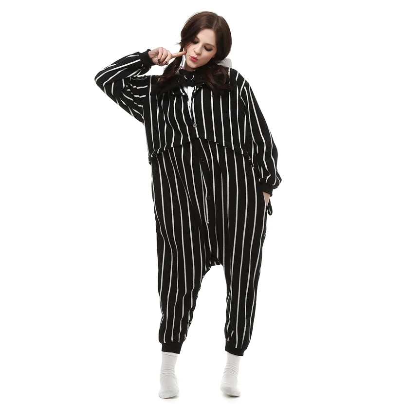 Взрослых флис kigurumi Джек Скеллингтон Косплэй костюм мультфильм Onesie пижамы Хэллоуин карнавал-маскарад партии комбинезон