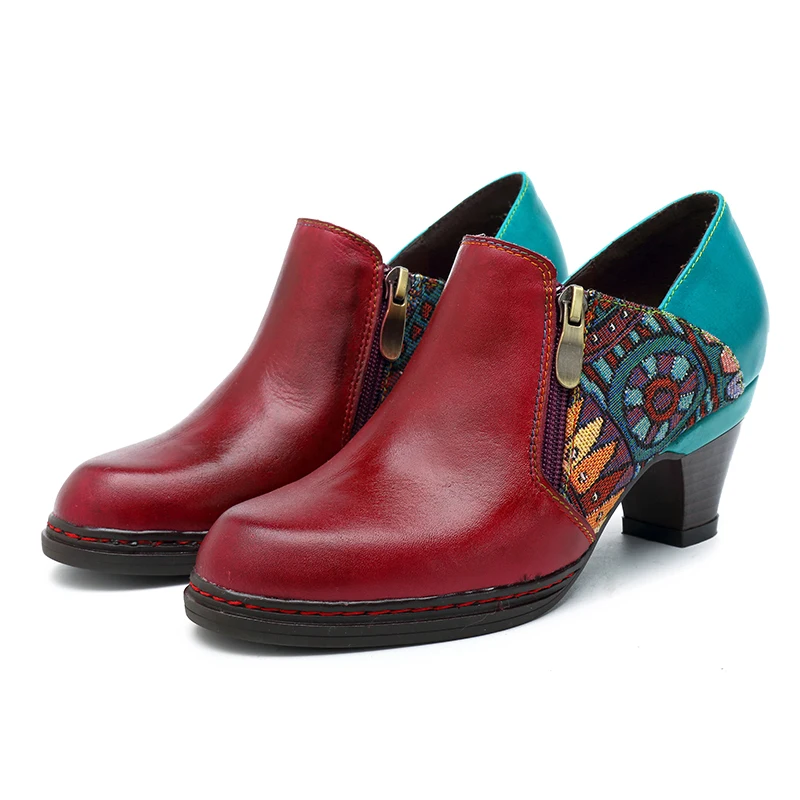 Red Pumps MStacchi/Винтажные женские туфли на каблуке Туфли-лодочки из натуральной кожи богемский лоскут в стиле ретро с боковой молнией; сезон весна-осень; ботильоны; Botas Mujer - Цвет: Red Pumps