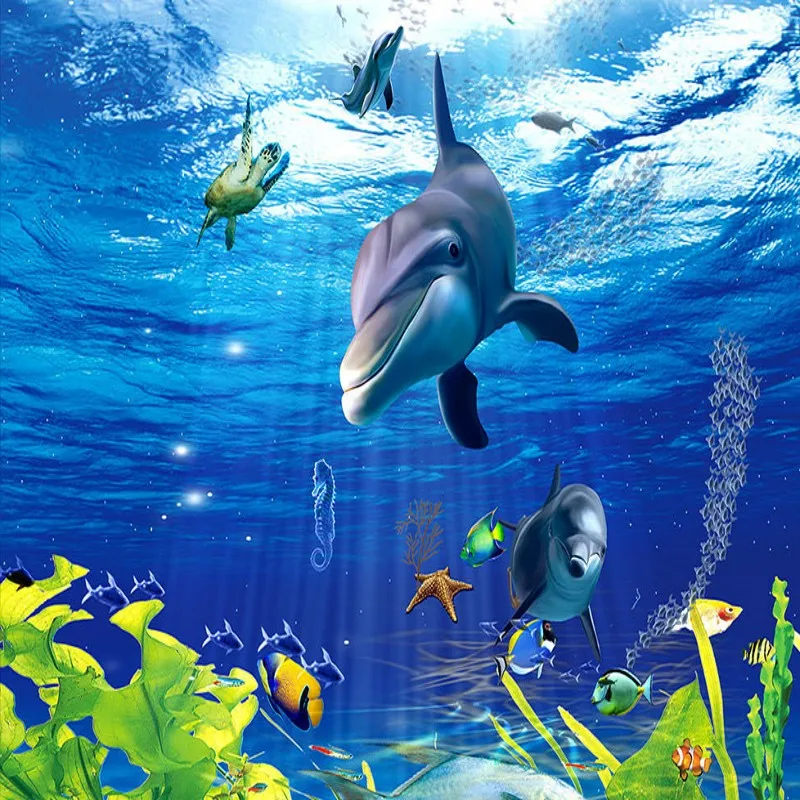 

Free Shipping 3D Sea World Dolphin floor Background picture living room home kitchen floor wallpaper mural