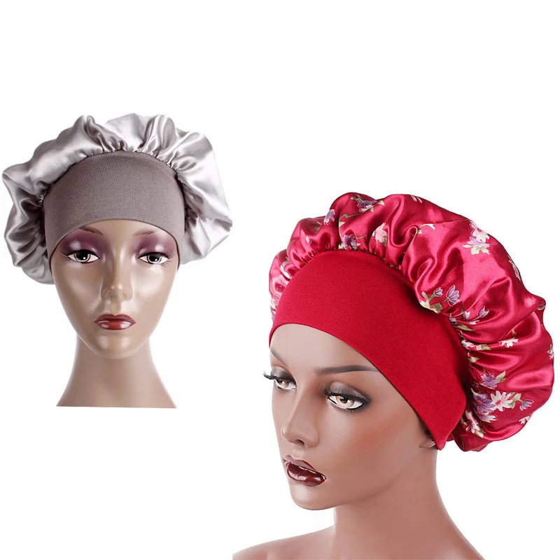 

2 pcs/lot Women's Satin Solid Wide-brimmed plain and floral print Sleeping Hat Night Sleep Cap Hair Care Bonnet Nightcap