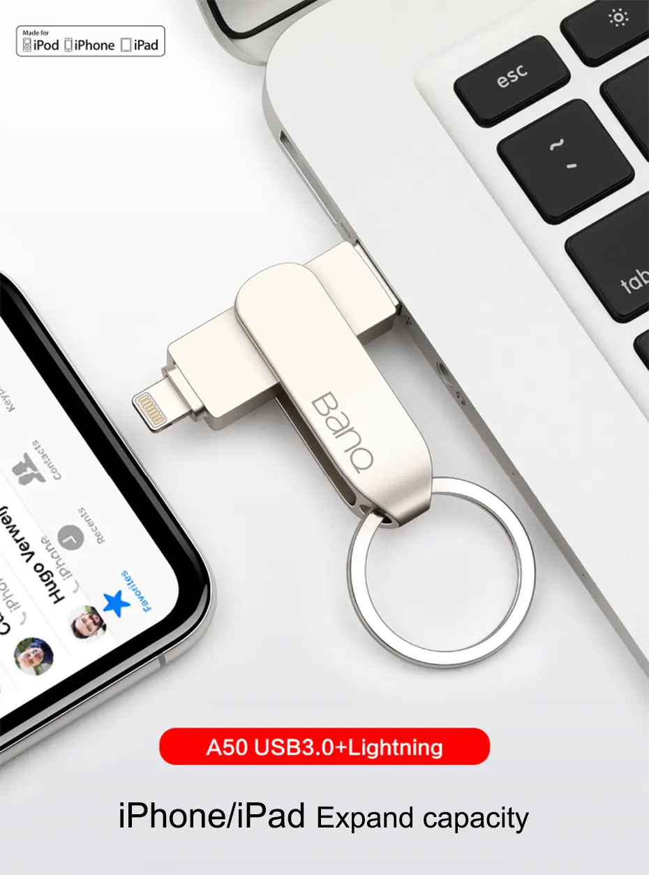 USB флеш-накопитель BanQ A50, 32 ГБ, 64 ГБ, для iPhone 8, 7 Plus, молния, металлическая ручка, u-диск для MFi iOS10, карта памяти 128 ГБ