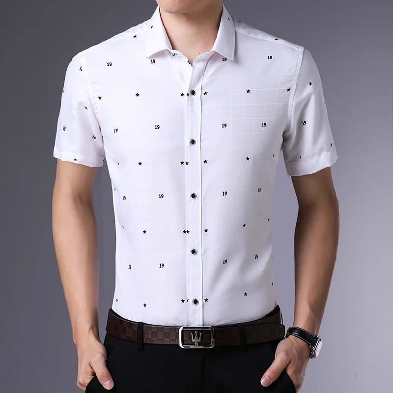 Деловые повседневные рубашки синие простые 2018 с принтом MWC коротким рукавом
