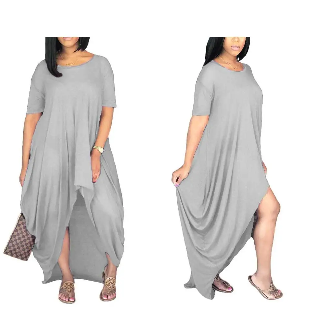 Серебристый HAOOHU Sexy Long Dress Women Summer New O-Neck Short Sleeve Robe Casual Loose Solid Maxi Dress Irregular Party Club Dress - Цвет: Серебристый