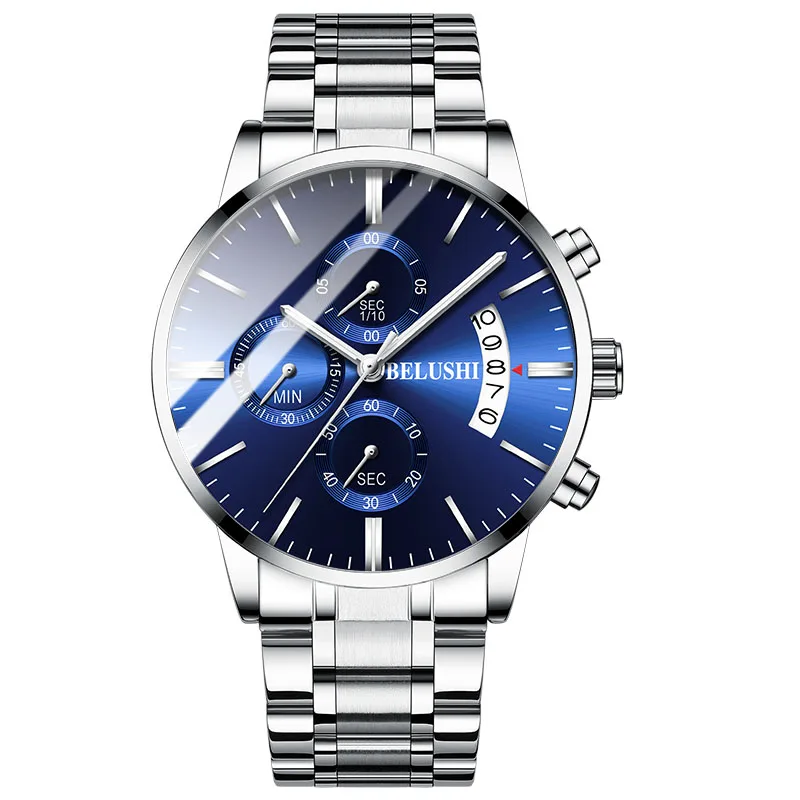 silver blue Мужские наручные часы, мужские деловые часы с хронографом, роскошные Брендовые мужские часы, кварцевые часы для мужчин, мужские наручные часы - Цвет: silver blue