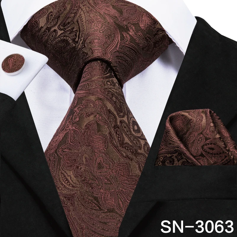SN-3063 Hi-Tie Мужские галстуки высокое качество Шелковый тканый коричневый цветочный галстук набор носовой платок запонки Набор Бизнес Свадебные шейные Галстуки SN-3063 - Цвет: SN-3063