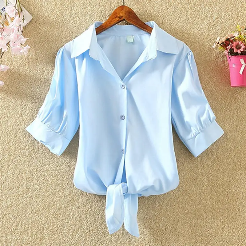 338blue Новинка, женская рубашка, летняя блузка с коротким рукавом, Женская белая рубашка, женские рубашки, повседневные топы, свободные, для пляжа, офиса, Blusas Femininas - Цвет: 338blue