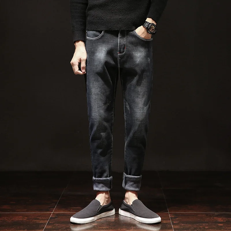 Мужские зимние стрейч Утолщаются Джинсы для женщин с теплым начесом удобная и