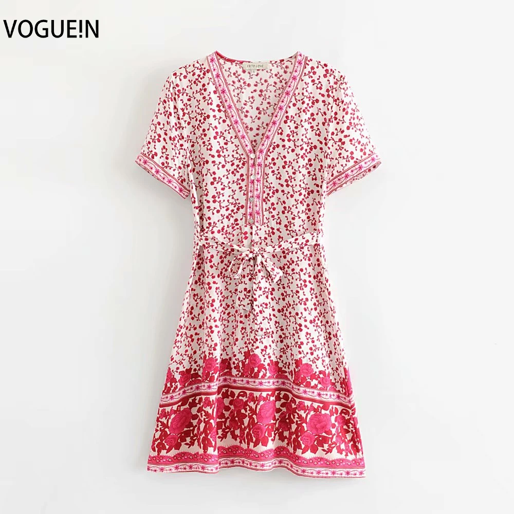 Женское пляжное мини платье VOGUEIN розовое с коротким рукавом и v образным вырезом
