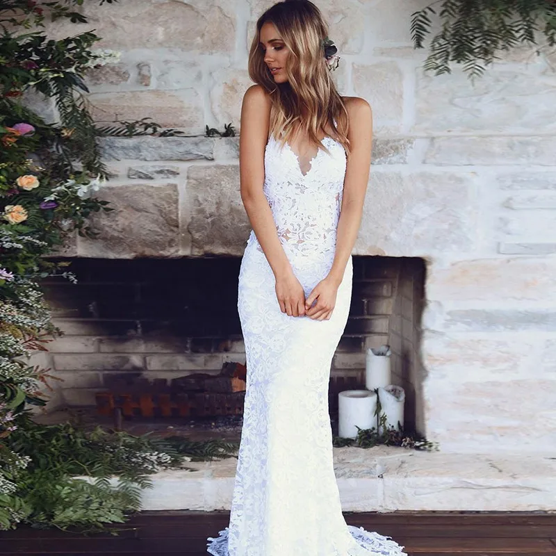 Сексуальные кружевные пляжные свадебные платья с открытой спиной белые на