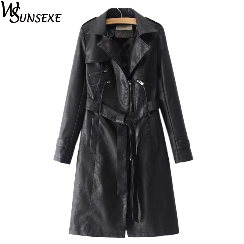 Zipper Turn-collar Pu Leather Jackets Coat Women Autumn Long Sleeve Mid-length Motorcycle Parkas with Sash Casual Jacket Outwear | Женская