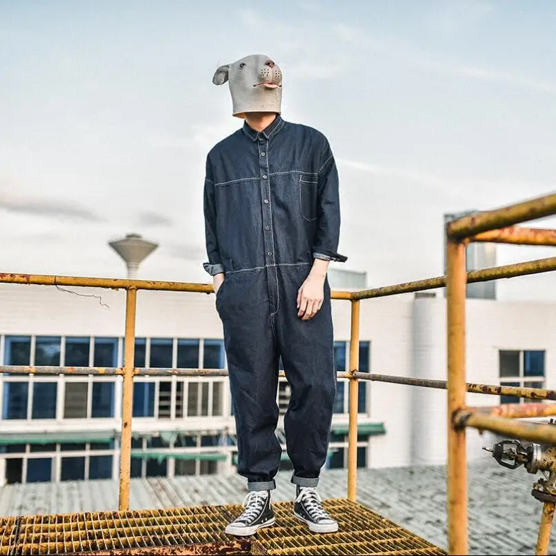 M-xl мужской джинсовый комбинезон японский Свободный Повседневный потертый