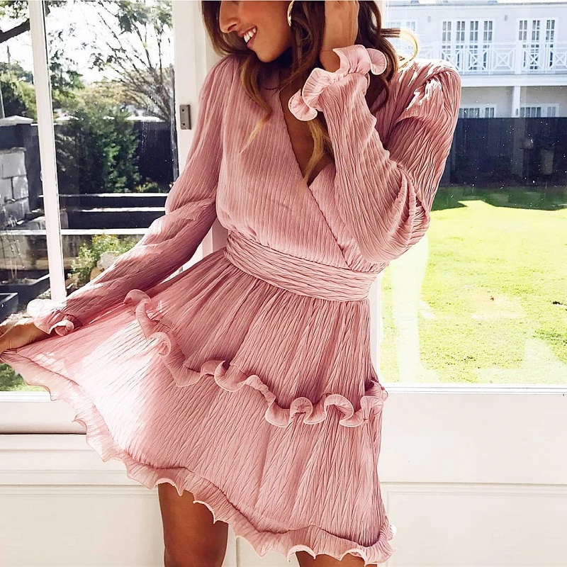 Элегантное Плиссированное Розовое Шифоновое женское платье на лето 2019 с длинным