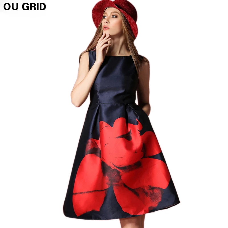 Женские Летние Платья Новинка 2015! Красивое Платье с Большим Красным Цветком