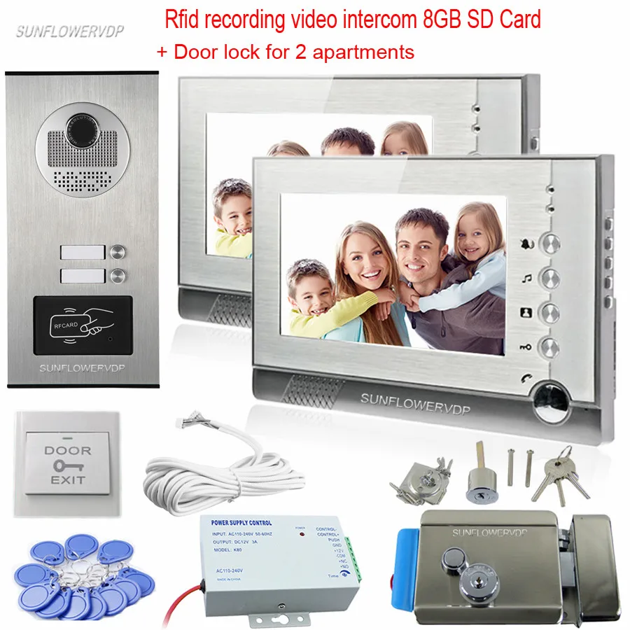 Видеодомофон с Rfid меткой 8 ГБ SD карта 7 дюймов 2 монитора|2 monitors|home intercomintercom doorbell |