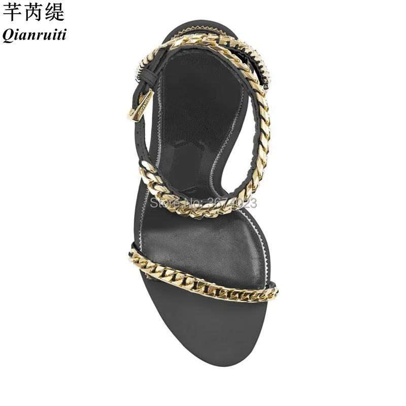 Женские босоножки Qianruiti на шпильке с золотистой цепочкой черные белые открытым