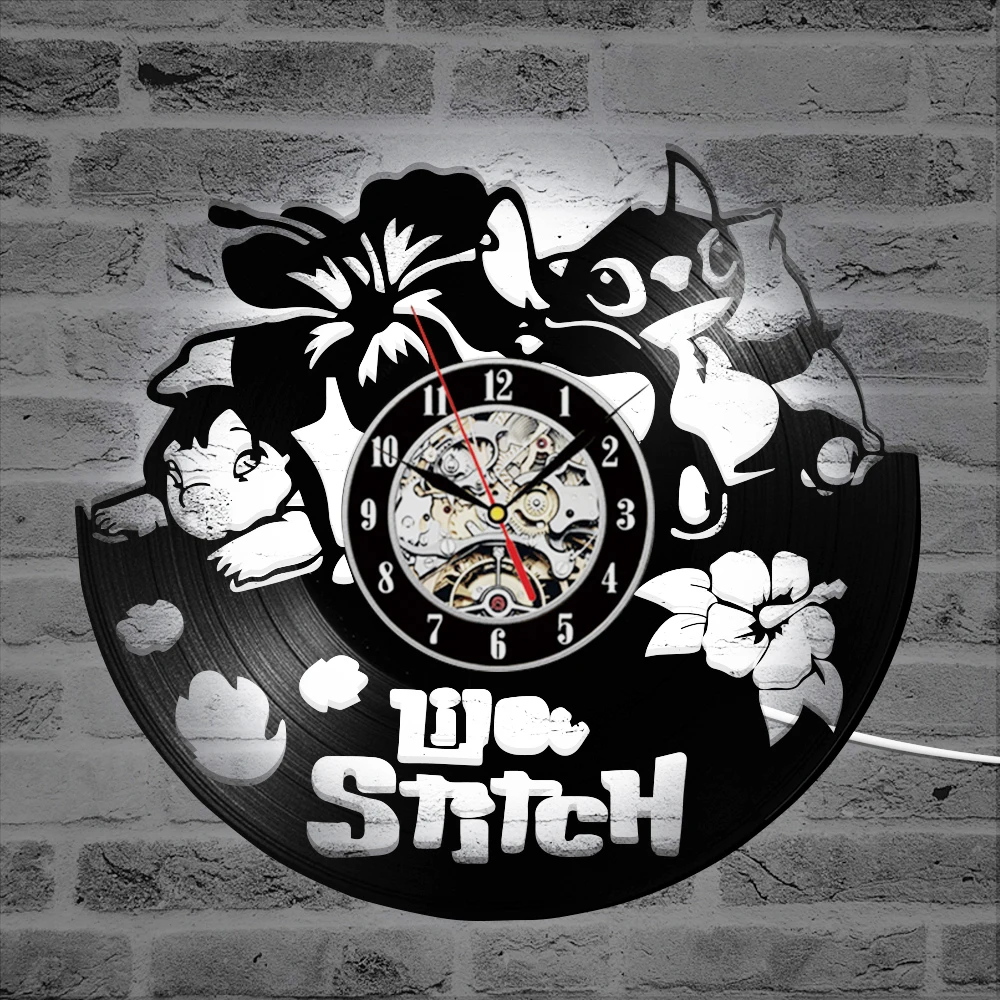 Lilo& Stitch Art полые виниловые часы для записей детская комната Домашний декор милый подвесной светодиодный часы креативные настенные часы с 7 цветами