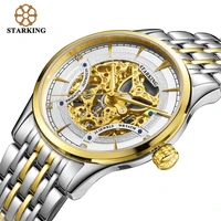 starking men skeleton automatic mechanical fashion luxury brand stainless steel 50m water resistant black gold wristwatch am0185
