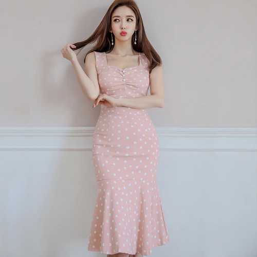 Высокое качество летнее платье в горошек с милым принтом Vestidos облегающее платье-майка без рукавов до колена Длина пикантные рыбий хвост Вечерние платья