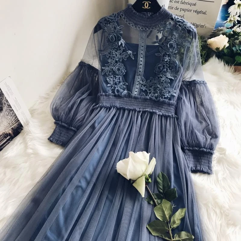 

Womens Casual Wear Hollowing Out Lace Dress New 2019 Spring Long Sleeved High Waist Elegnat Spring Gauze Dresses