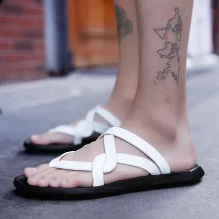 Новинка 2017 г. мужчин Натуральная кожа Флип-Флоп Сандалии Летняя повседневная