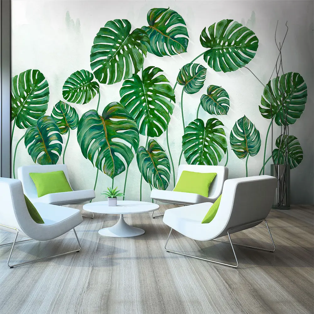 Декоративные текстильные обои простые зеленые листья акварельный стиль фоновая