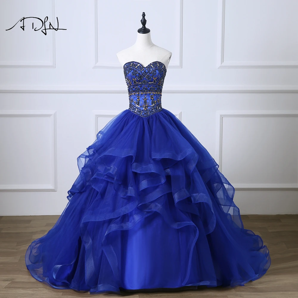ADLN милый корсет королевский синий Quinceanera платья бальное платье Роскошные Стразы