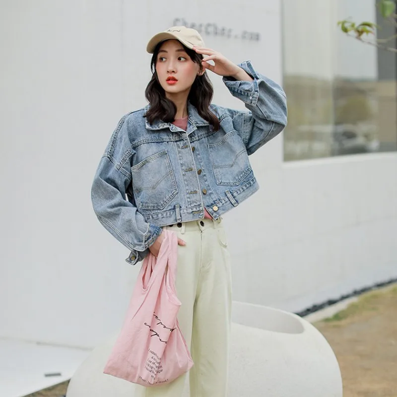 2019 корейский стиль весна осень назад однобортный женский джинсовый жакет