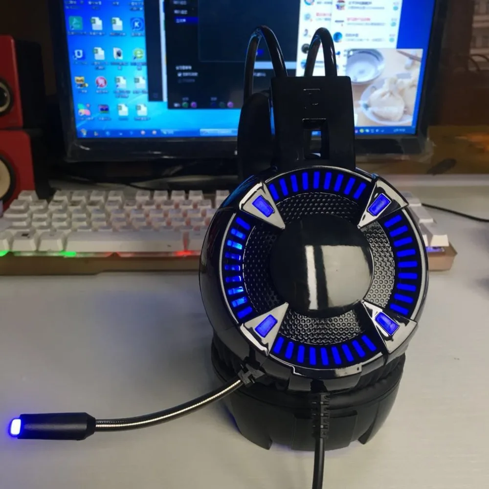 V2949 игровая стереогарнитура с шумоподавлением, Накладные наушники с микрофоном, светодиодный объемный бас, мягкие наушники с эффектом памяти для ноутбука