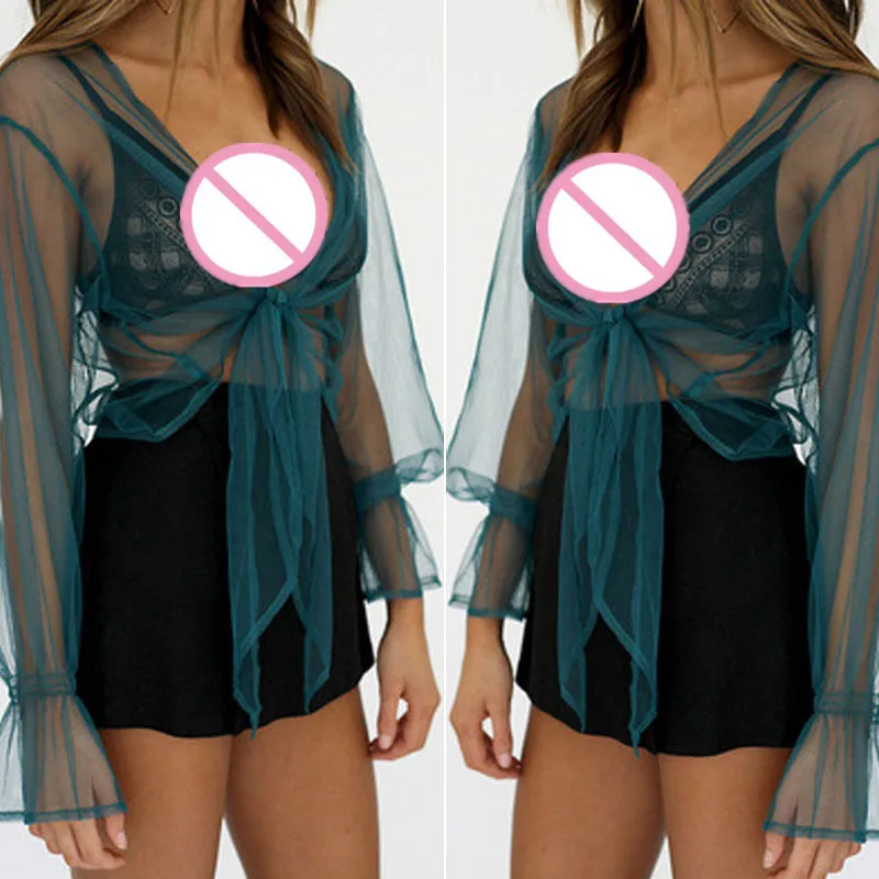 Новый женский прозрачный укороченный топ с длинными рукавами для девочек тонкая