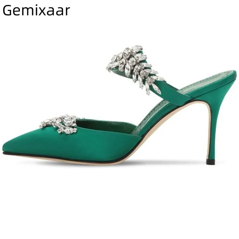 

Point Toe Rhinestone Slippers Women Slim Shallow Ankle Strap Decor Crystal Beach Shoes Luxury Satin Stiletto Heel Shoes Woman