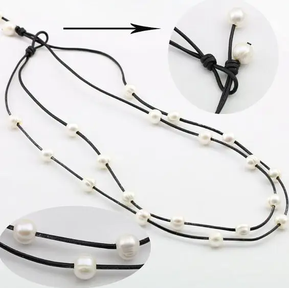 

Fashion Lady's Perfect Leather Pearl Jewelry,White AA 0-10MM Freshwater Pearl Necklace More Color Leather For Choose Nice Gift
