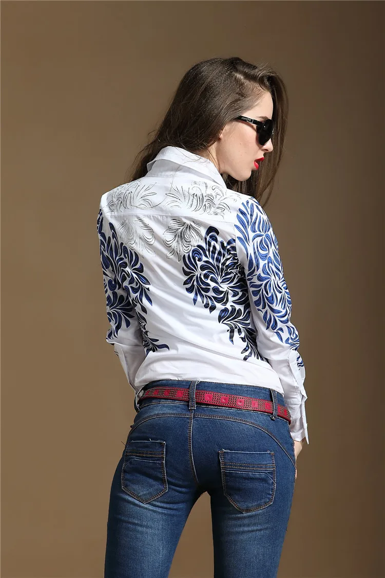 100% Оригинальные женские рубашки с голубым фарфоровым принтом Camisa топы в стиле