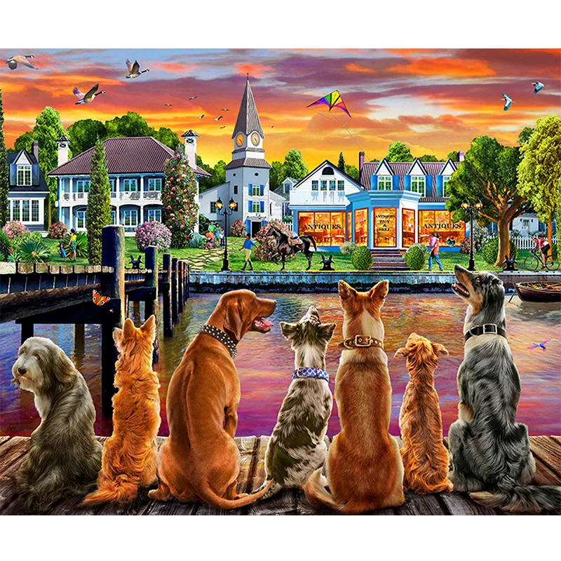 Алмазная вышивка собаки и город DIY картина сценическая 5D мозаика Вышивка крестом