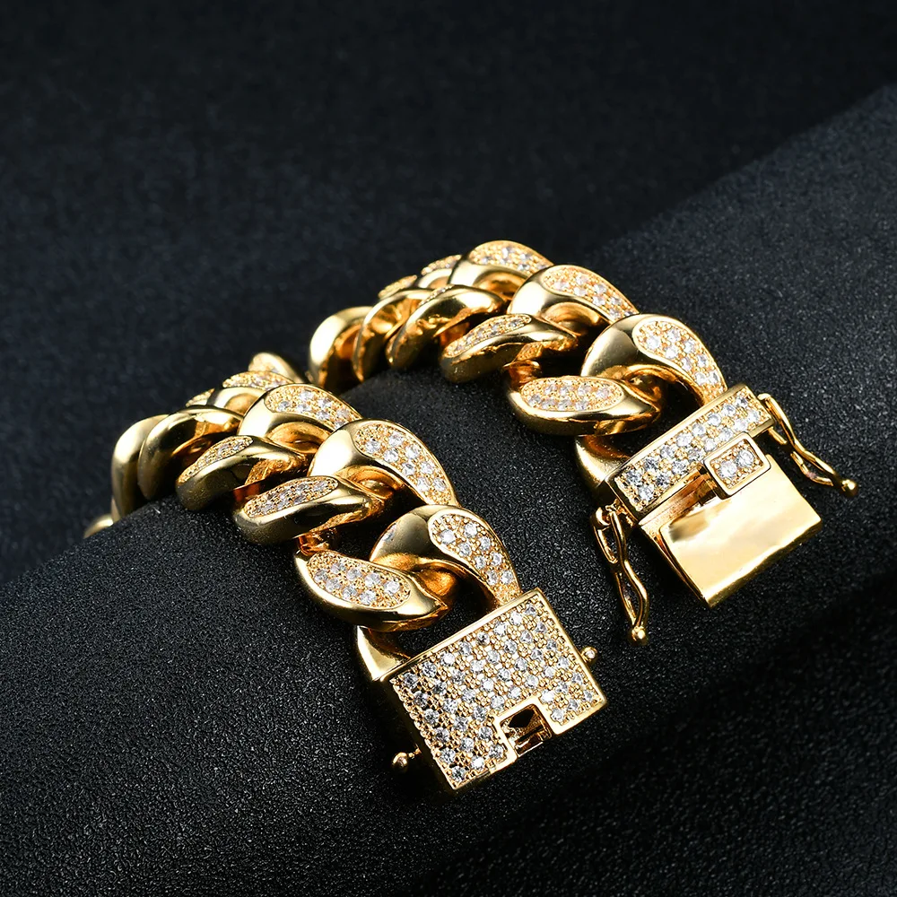 

17mm Hip Hop Zircon CZ Stone Paved Bling Iced Out Cuban Link Chain Bracelets for Men Rapper Jewelry Gold Color 8" Drop Shipping