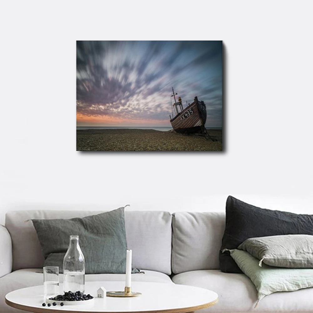 Seaside Sandy Boat Sky Rising Sun Print On Canvas Home Decor Wall Artwork Painting Pictures for Living Room Decoration | Дом и сад