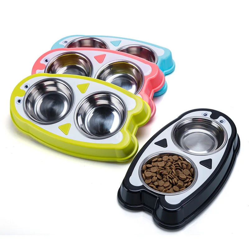 

Penguin-shaped double dog bowl Stainless steel pet bowl for dog and cat