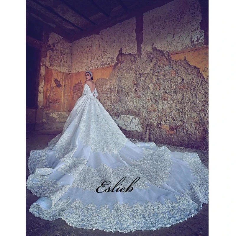 

Luxurious ball gown wedding dress long sleeves off the shoulder long tail bridal gown appliques beaded bodice wedding gown HA022