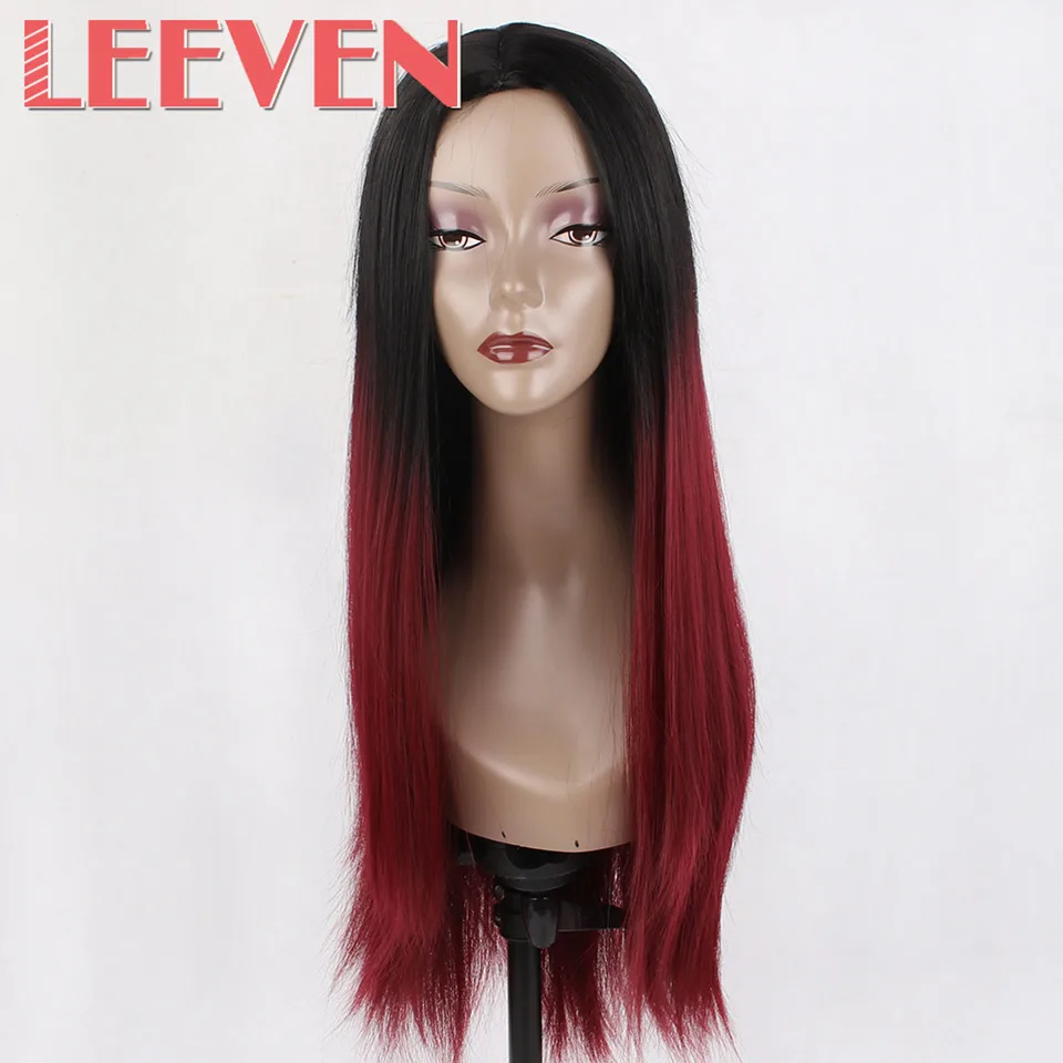 Leeven 26 ''синтетические волосы косплей парики прямой черный Омбре коричневый для женщин парик высокая температура Волокно Термостойкие - Цвет: T1B/бордовый