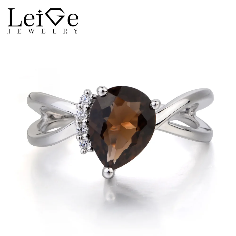 

Leige Jewelry Wedding Ring Genuine Natural Smoky Quartz Ring Brown Gemstone Pear Cut Gems 925 Sterling Silver Ring for Women