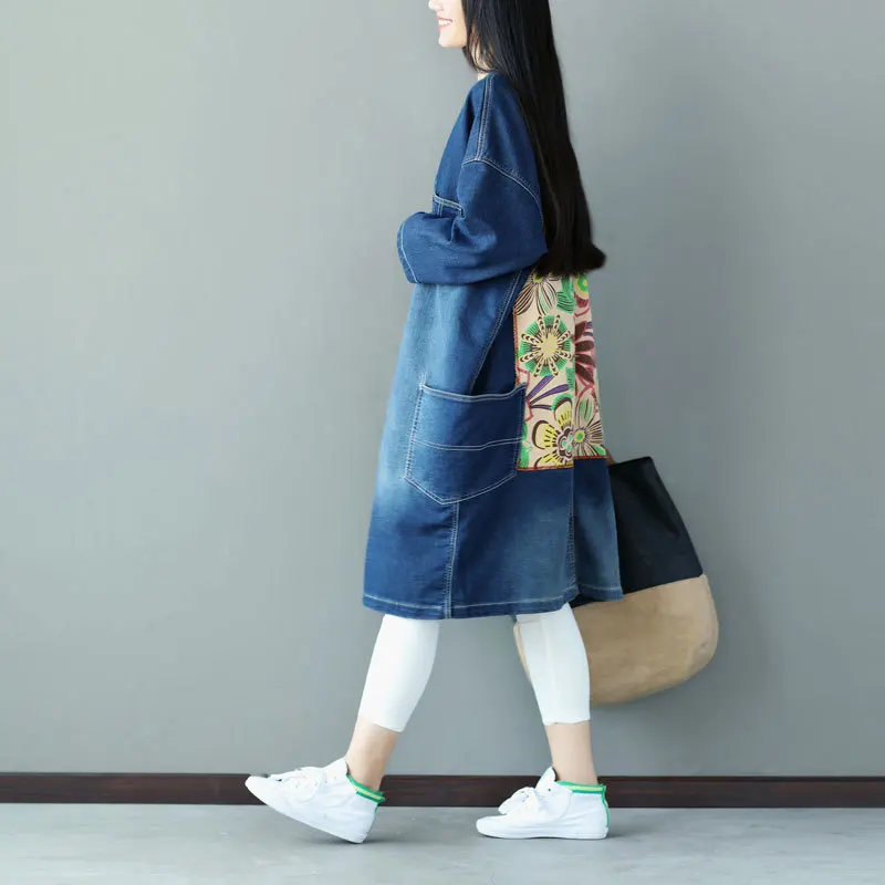 

New patch big pockets cardigan coat large size printed knitted denim jacket