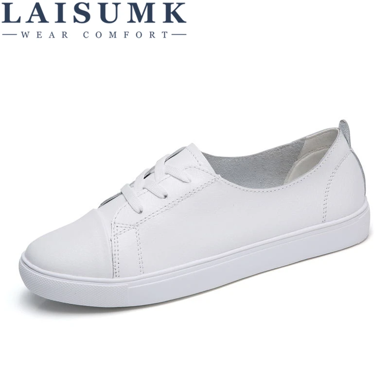 

LAISUMK 2020 Autumn Women Leather Flats Shoes Basic Lace Up Flat Shoes Ladies Black White Rubber Oxford Shoes For Women Spring