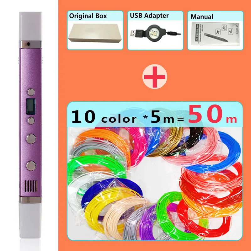 Myriwell 3d Ручка, 3d ручки, светодиодный дисплей, зарядка через usb, 3 d ручка smart3d ручка с принтом, подарок на день рождения, 3d-ручка с 3d принтом - Цвет: Purple pen Package 2