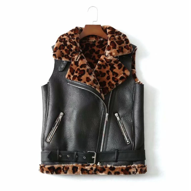 Fitaylor Autumn Winter Turn-down Collar Vest Faux Soft Leather Lambs Jacket Coat Women Leopard Print Black Punk Bomber Outerwear | Женская