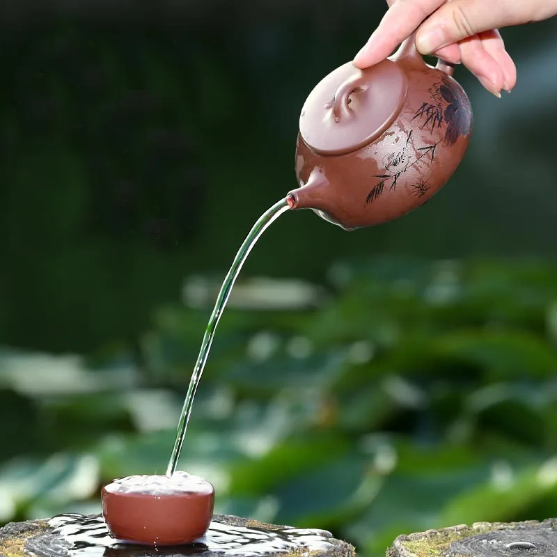 220ML Yixing Purple Clay Teapot Raw Ore Zisha Pot Hand Painted Lotus Leaves Pattern Teaware Tea Ceremony Puer Oolong Kettles | Дом и сад